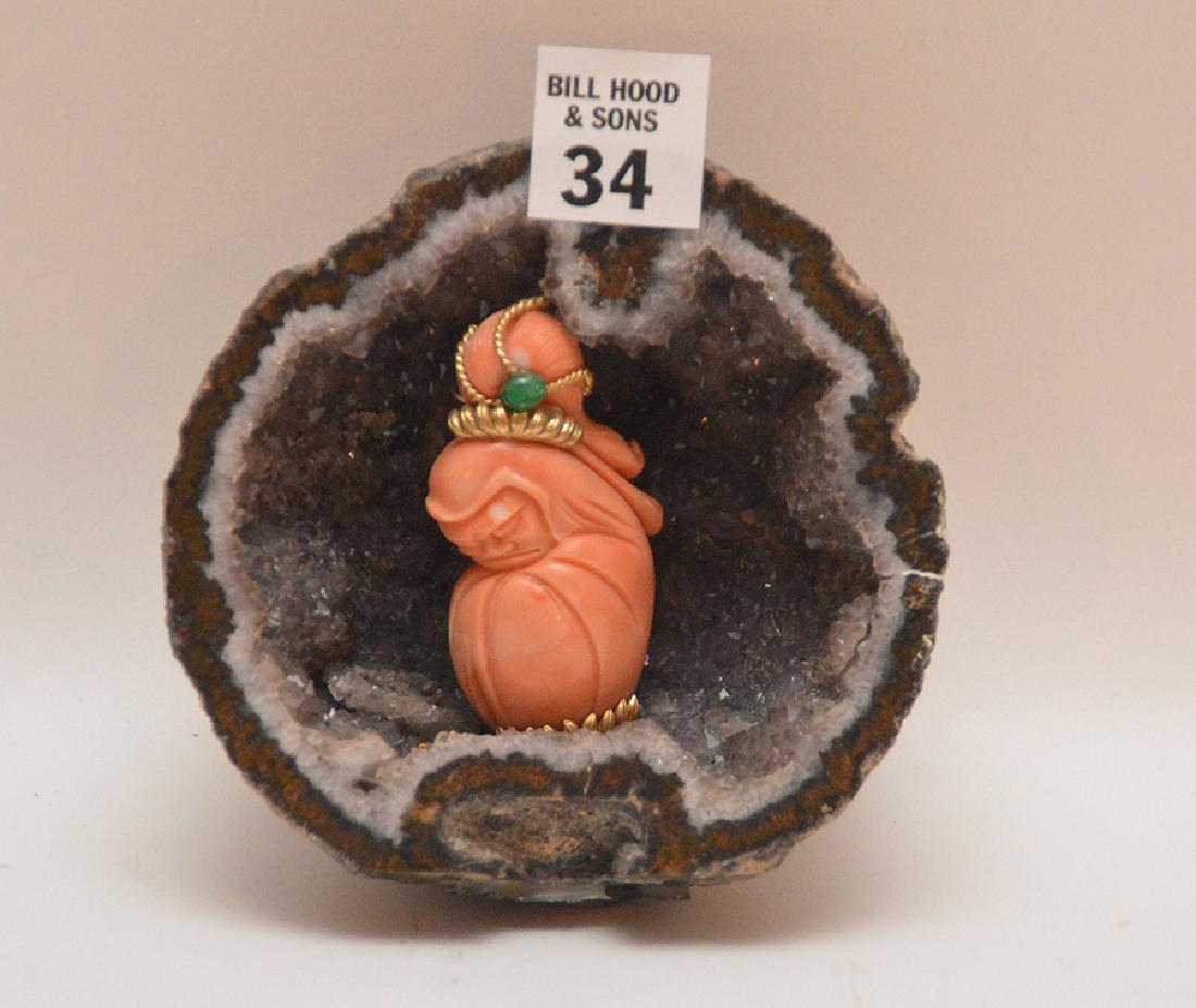 Antique Chinese Carved Coral Figure with 18K yellow: Antique Chinese Carved Coral Figure with 18K yellow gold head dress mounted in a geode. Ht. 5"