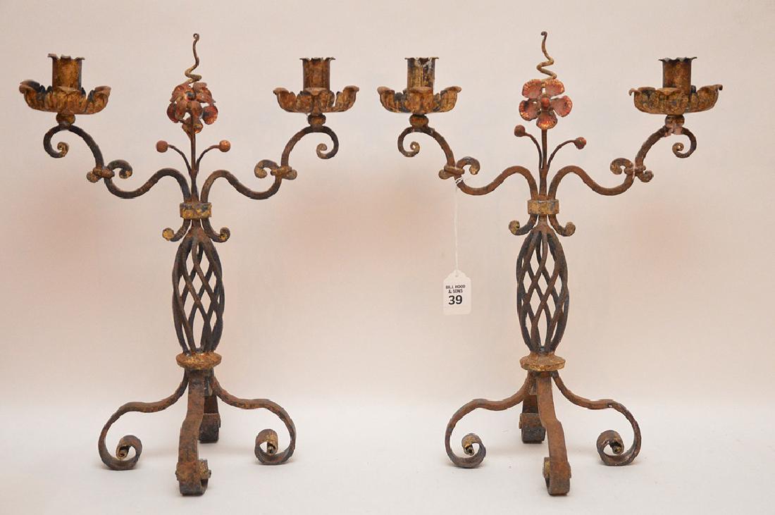 Pair Painted Iron Mizner Style 2 Light Candelabra.  HT. (1 of 4)