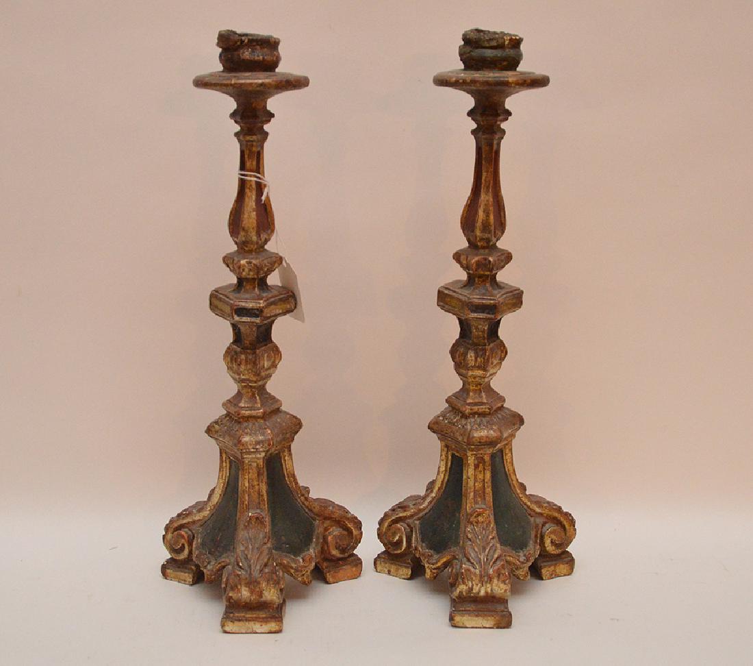 Pair Antique Italian Gilded & Painted Candlesticks. (1 of 3)