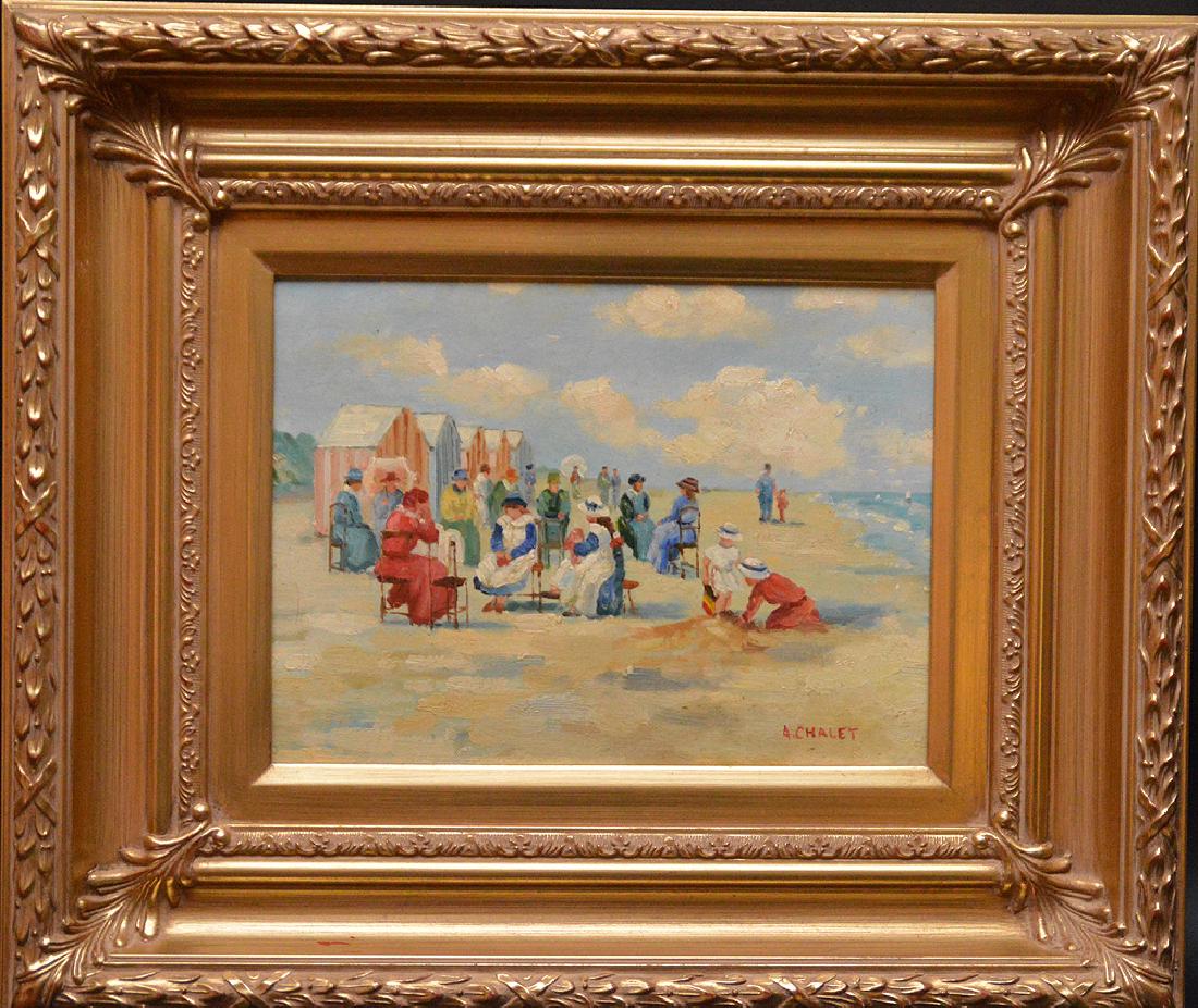 Andre Chalet (French born 1954) oil on board, women &: Andre Chalet (French born 1954) oil on board, women & children at the beach, 9in. x 12in.