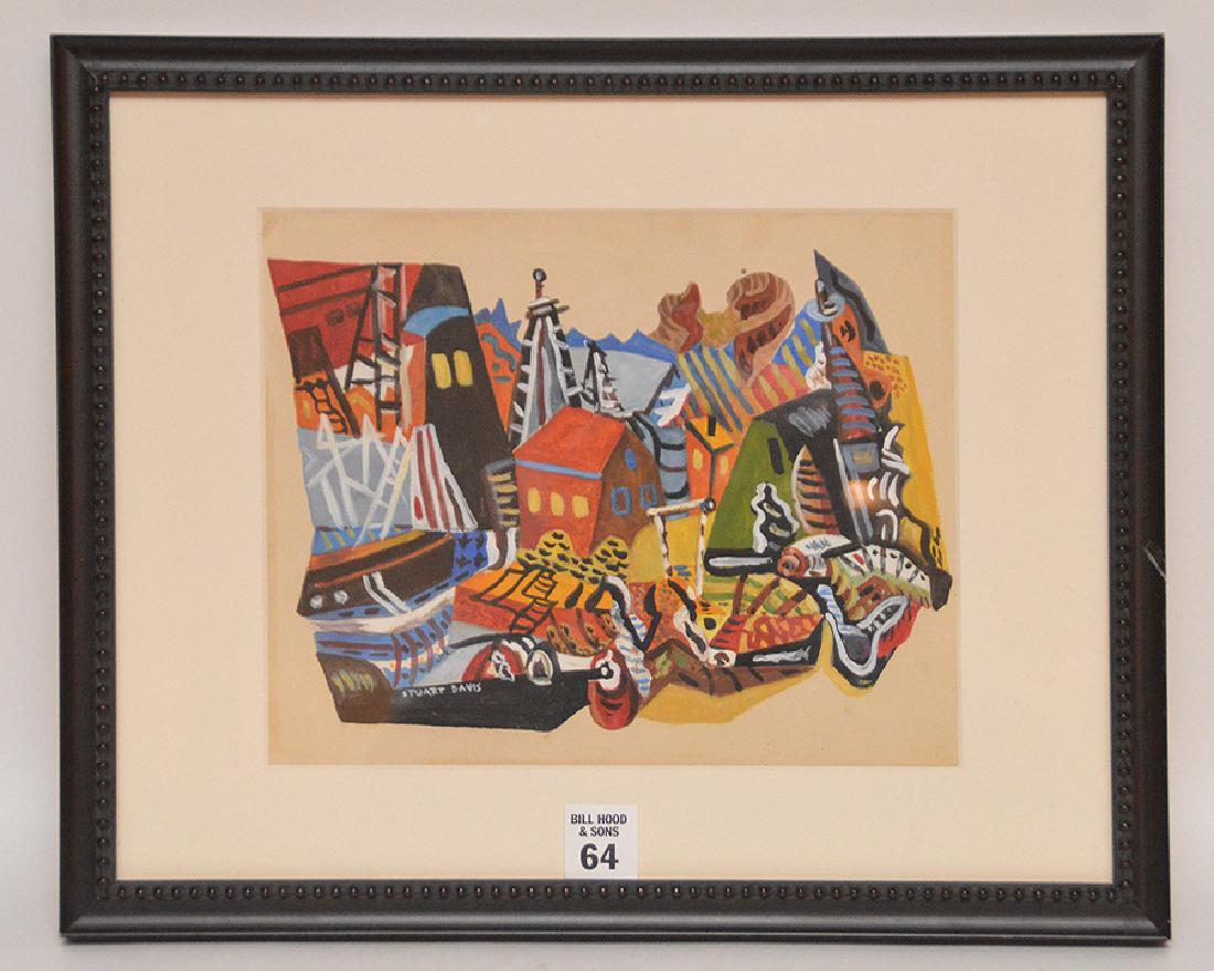 GOUACHE "SEAPORT" - IN THE MANNER OF STUART DAVIS,: GOUACHE "SEAPORT" - IN THE MANNER OF STUART DAVIS, Height 8 in.; Width 10 in. / Height 20.3 cm.; Width 25.4 cm. signed Stuart Davis lower left, has Morton Gallery Label on reverse