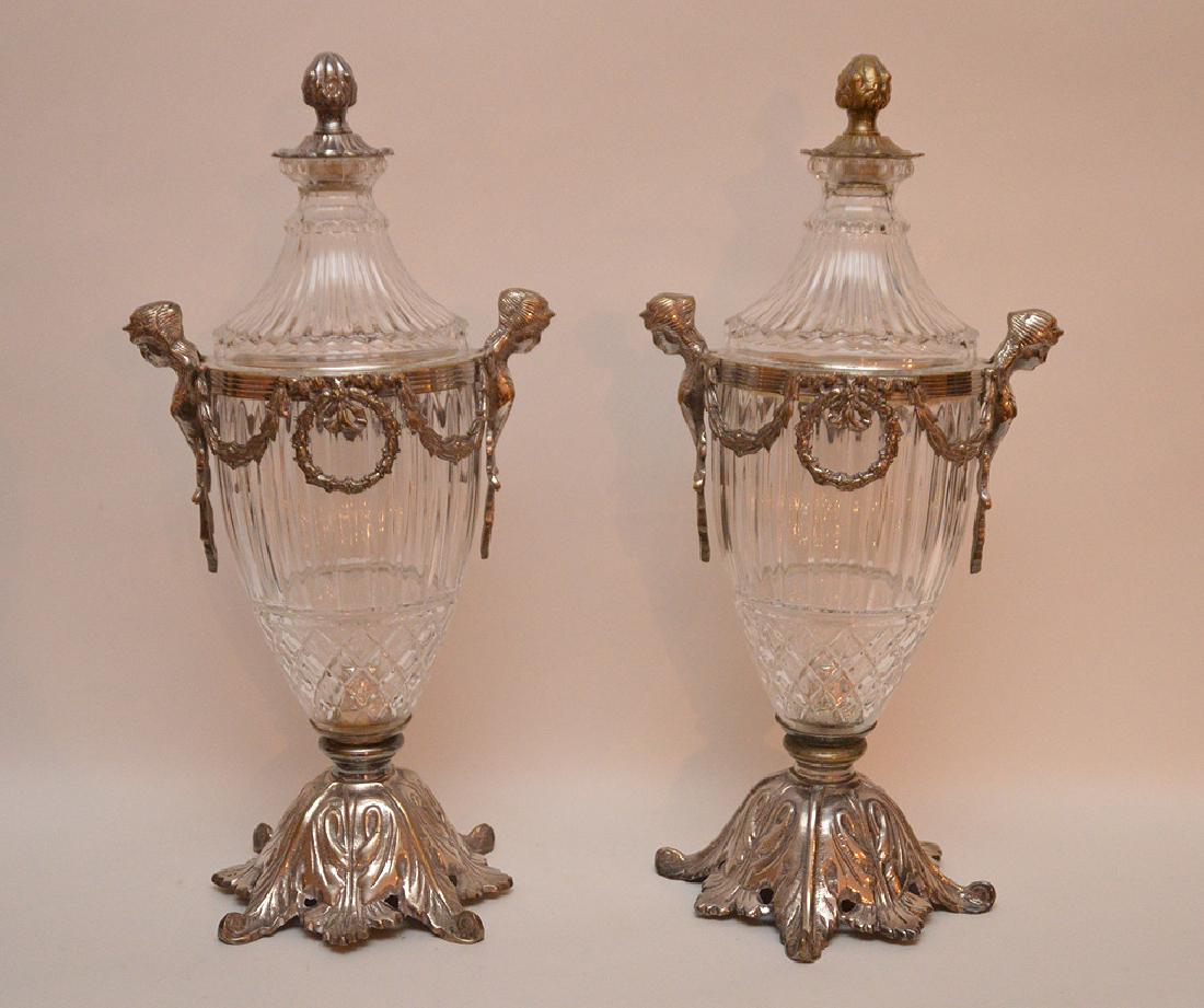 Pair covered ribbed jars with silvered metal mounts, (1 of 5)