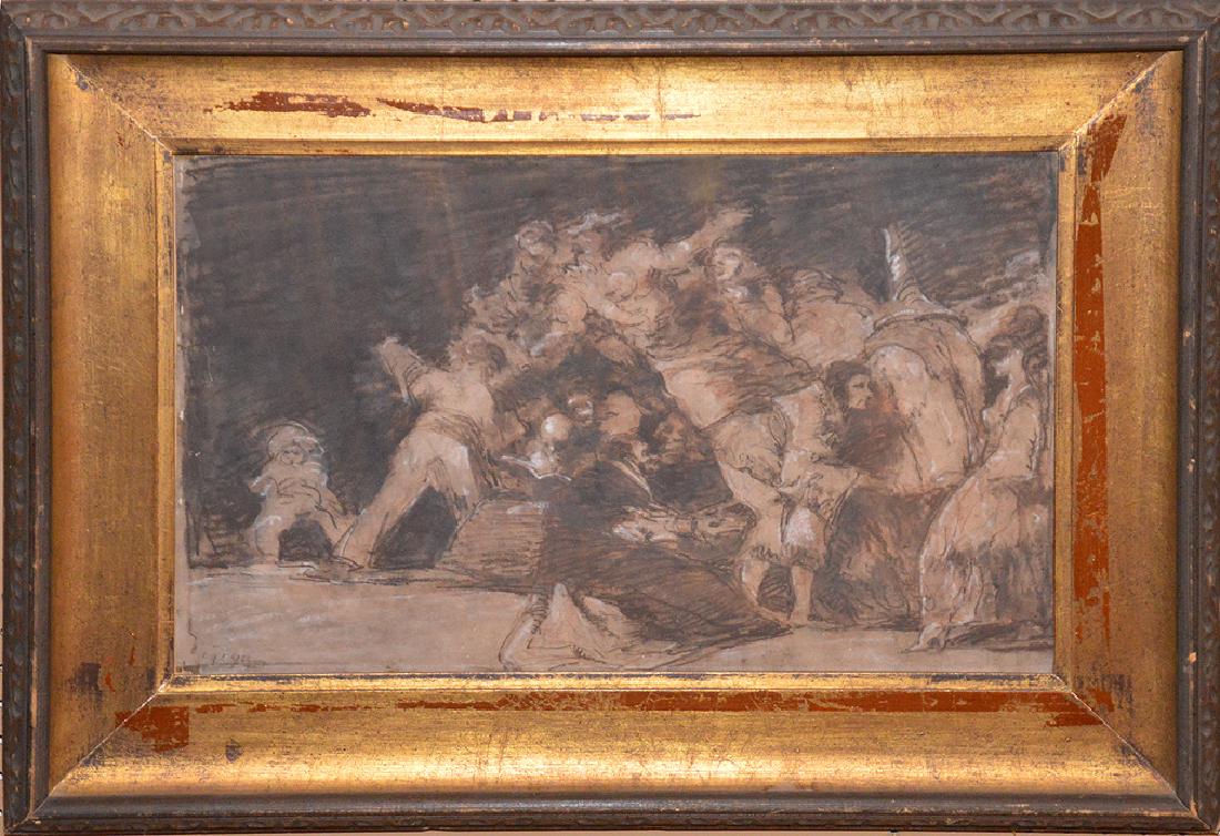 Attributed to Francisco de Goya (SPANISH, 1746-1828): Attributed to Francisco de Goya (SPANISH, 1746-1828) Gouache on paper, study for Desparates plate 9 - Universal Folly Disparate general, also has nude drawing on reverse