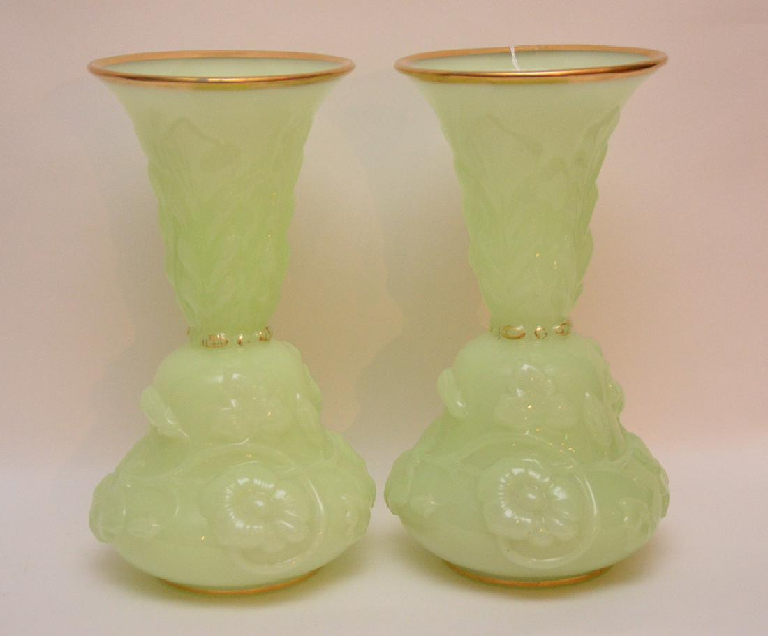 Pair French green opaline glass vases, 12"h (1 of 3)