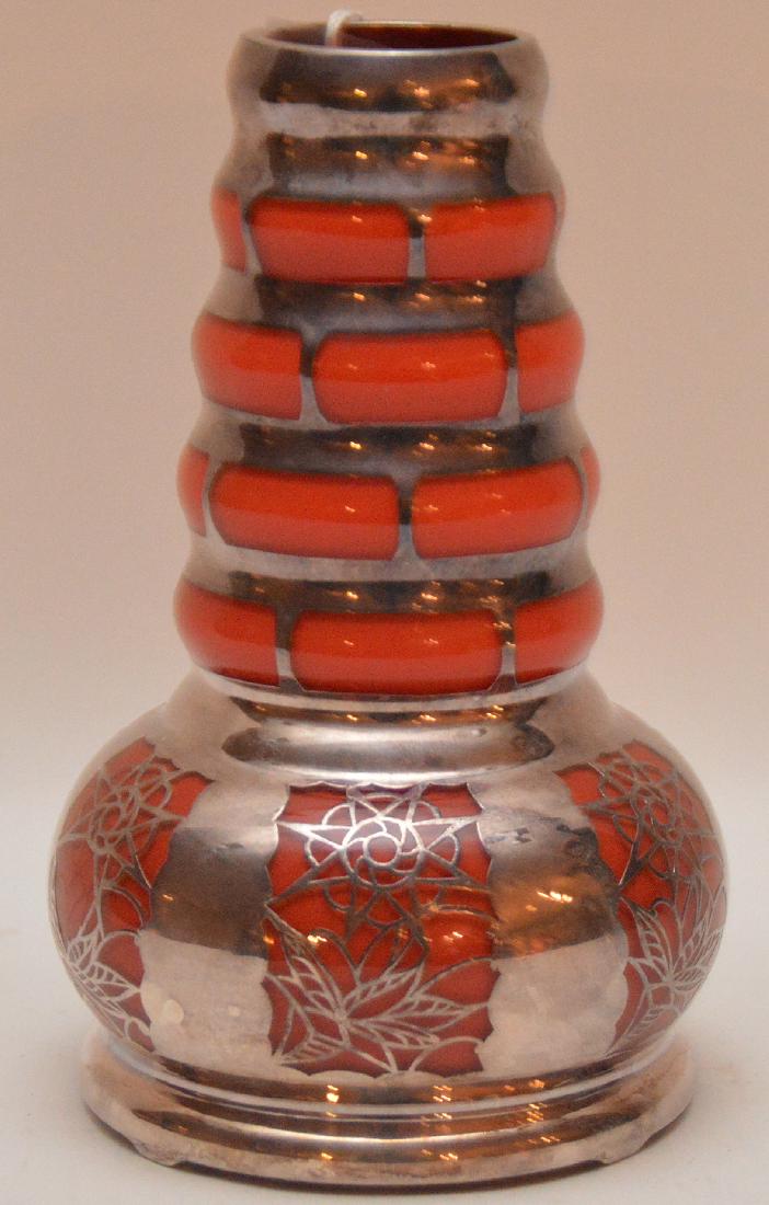 Sterling Overlay Art Glass Vase.  Ht. 6 1/4" (1 of 2)