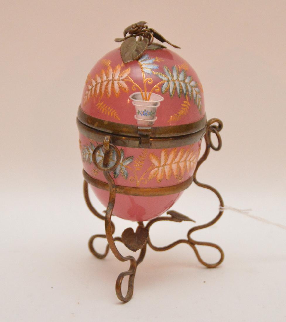 French Opaline Glass Enamel Decorated Box with a brass (1 of 4)