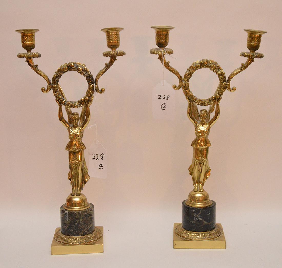 Pair brass tall candlesticks, marble and wreath, 16"h (1 of 4)