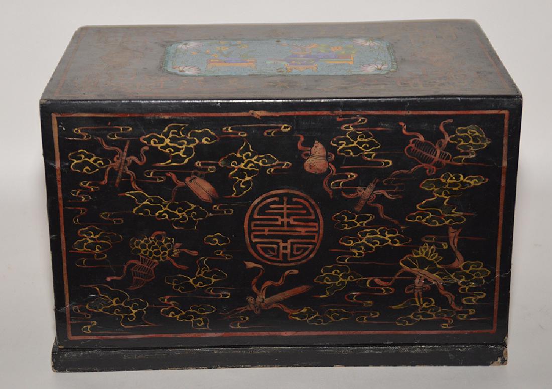 Chinese Paper Mache Box With CloisonnÃ© Insert Top.: Chinese Paper Mache Box With CloisonnÃ© Insert Top. Ht. 7 1/2" W. 11 1/4" D. 7 1/2"