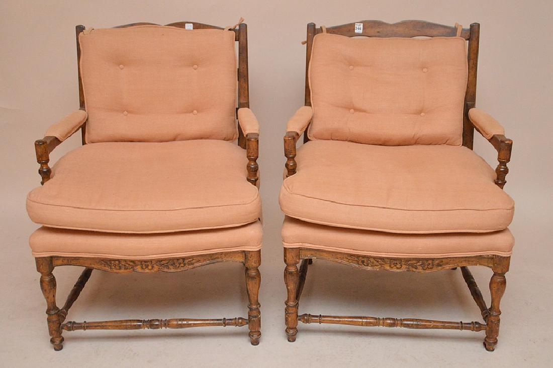 Pair Antique Fruitwood & Upholstered Arm Chairs.  Ht. (1 of 3)