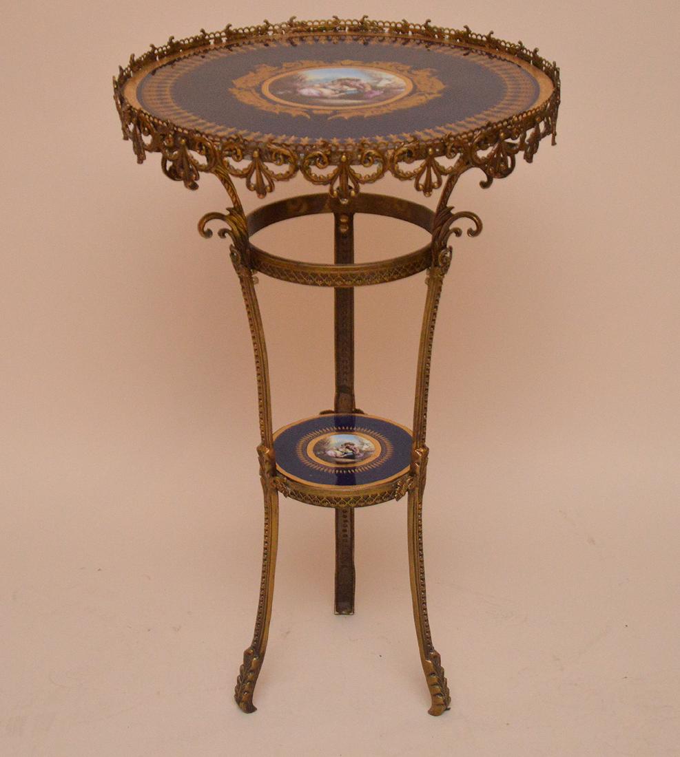 Bronze and porcelain 2 tier table, 33"h x 20"dia (1 of 4)