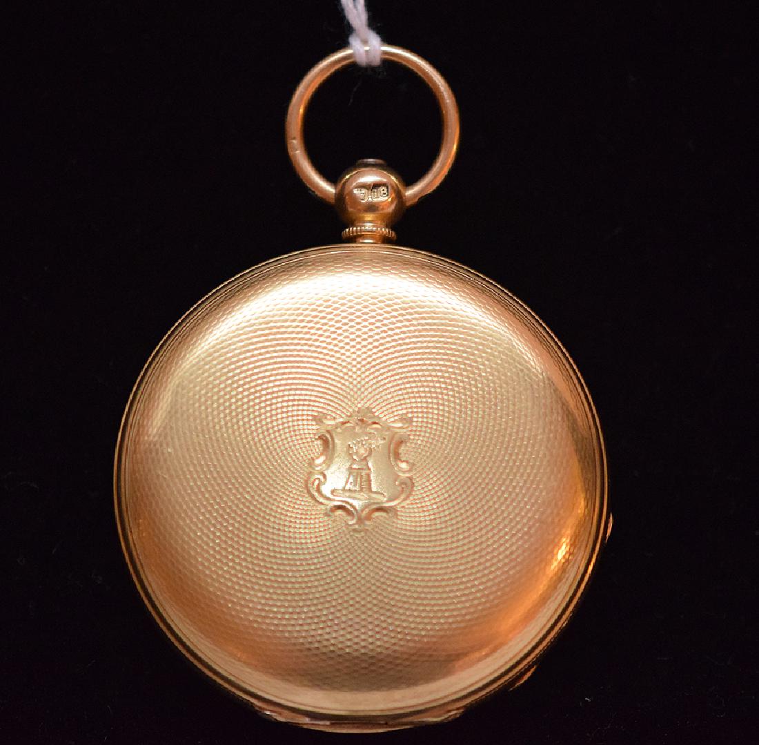 18K Yellow Gold English Pocket Watch. With English: 18K Yellow Gold English Pocket Watch. With English Hall Marks 18, M, RBGM, London and Crown marks. Ht. 2 ½”
