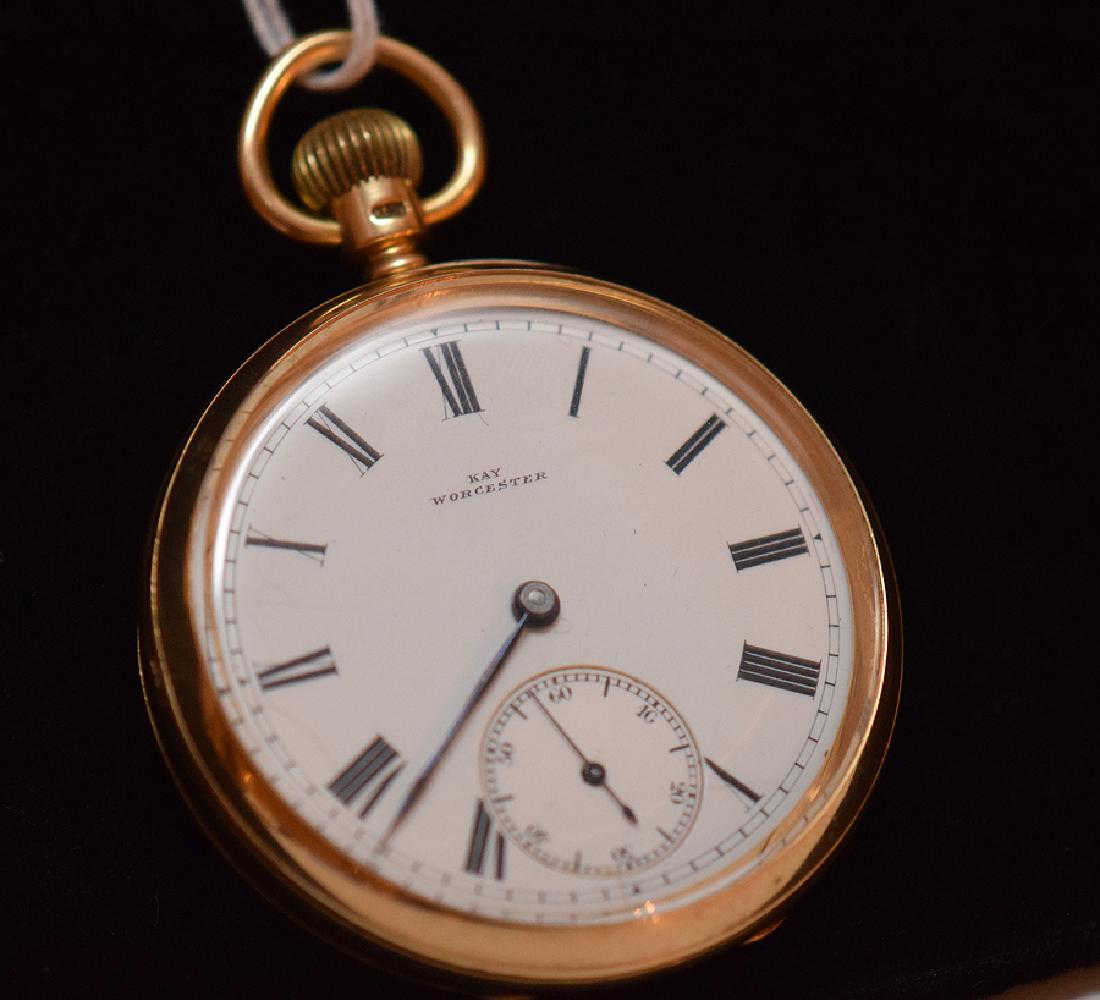 18K Yellow Gold Kay Worcester Pocket Watch. With 16: 18K Yellow Gold Kay Worcester Pocket Watch. With 16 jewel adjustable movement. The interior of the case with English hallmarks and the impressed number 37959. The middle interior inscribed: Presented 