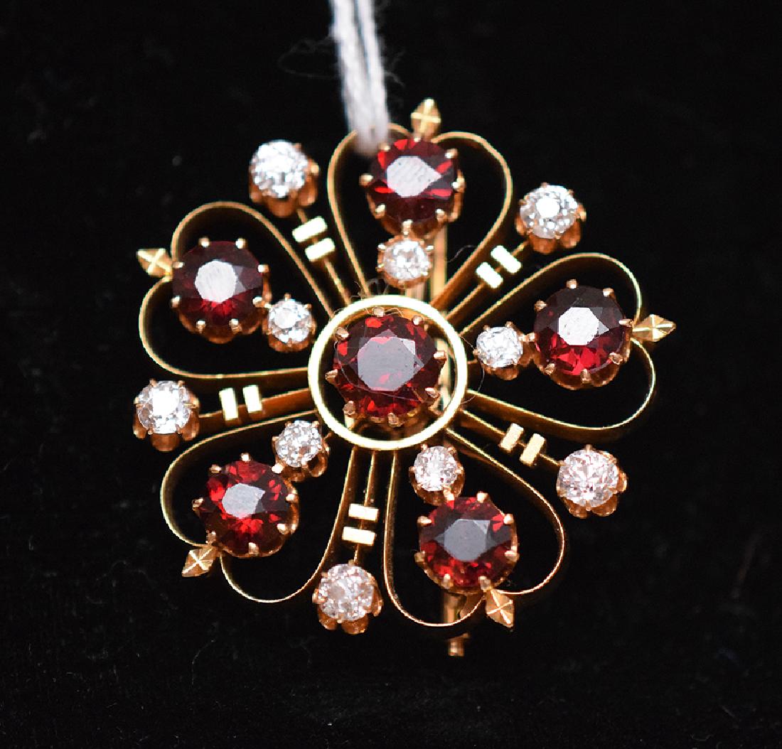 18K Yellow Gold Diamond & garnet Pin.  Condition: good, (1 of 2)