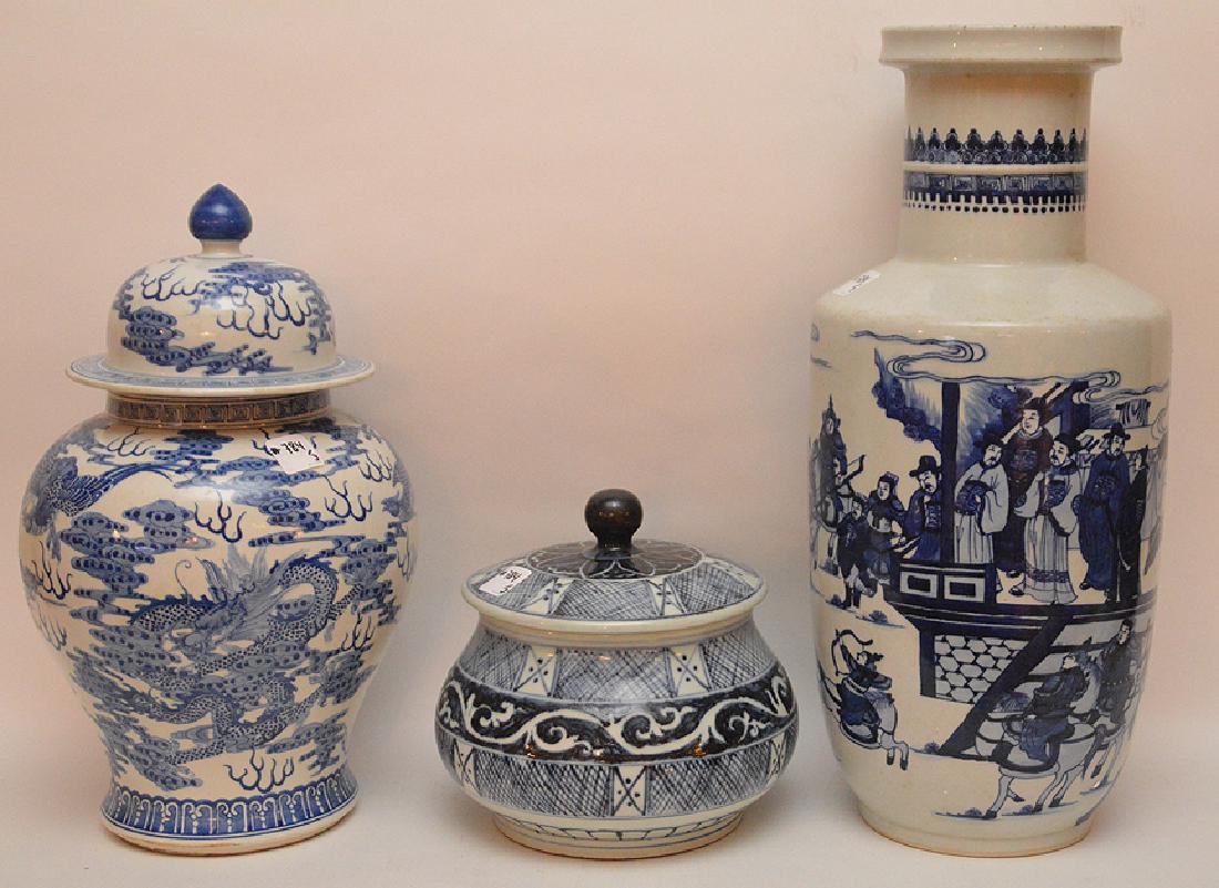 3 Pieces Chinese Blue & White Porcelain.  1 Urn Ht. (1 of 8)