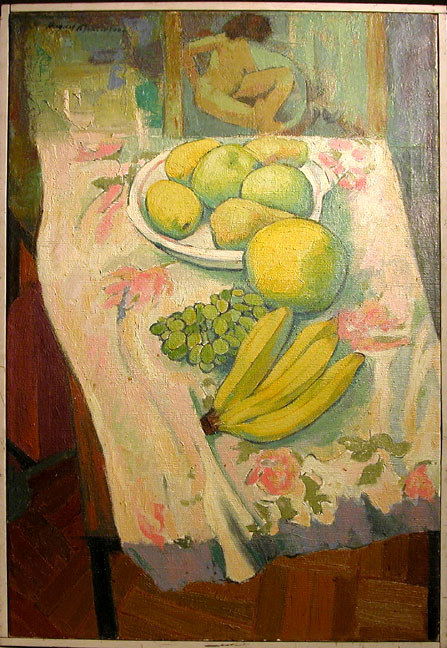 August Mosca (1909- , Shelter Island, NY), oil on: August Mosca (1909- , Shelter Island, NY), oil on canvas, "Yellow Fruit", small nude at top, dated 1962, 37" x 23"