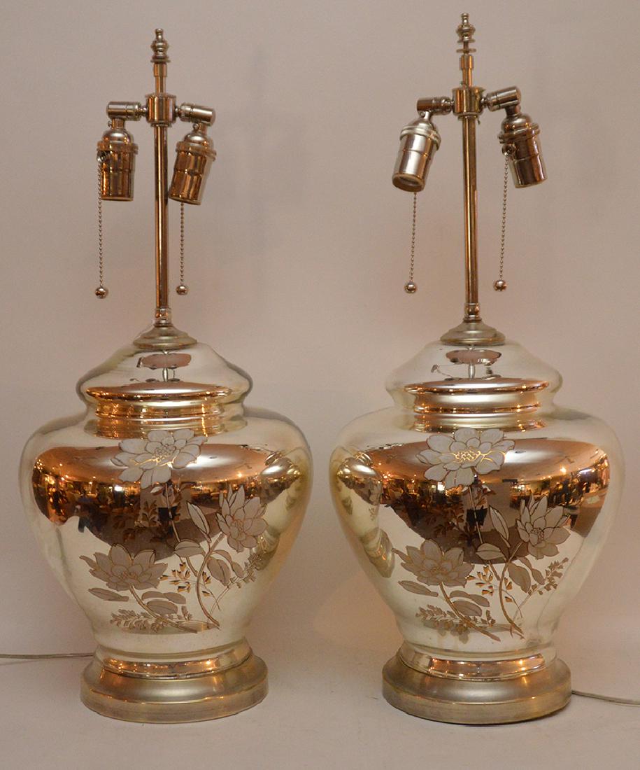 Pair Mercury glass lamps with painted floral: Pair Mercury glass lamps with painted floral decoration, 14"h (overall 25"h)