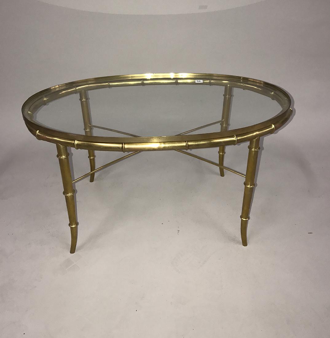 Brass & glass bamboo form coffee table, 17"h x 30"w x (1 of 3)