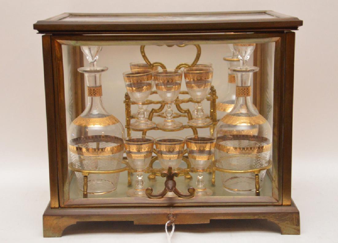 Tantalus, 3 decanters, 8 liqueurs, bronze case, 10 (1 of 6)
