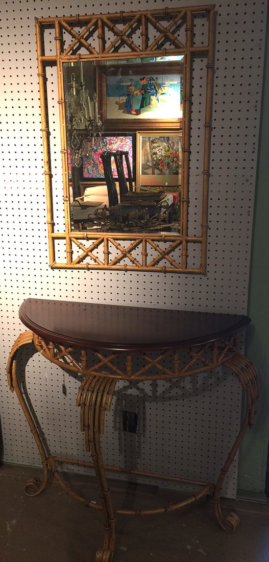 Metal Bambo motif Console and Mirror. 31in. High x 34in: Metal Bambo motif Console and Mirror. 31in. High x 34in. Wide x 14in. Deep. Mirror 32in high x 22in wide