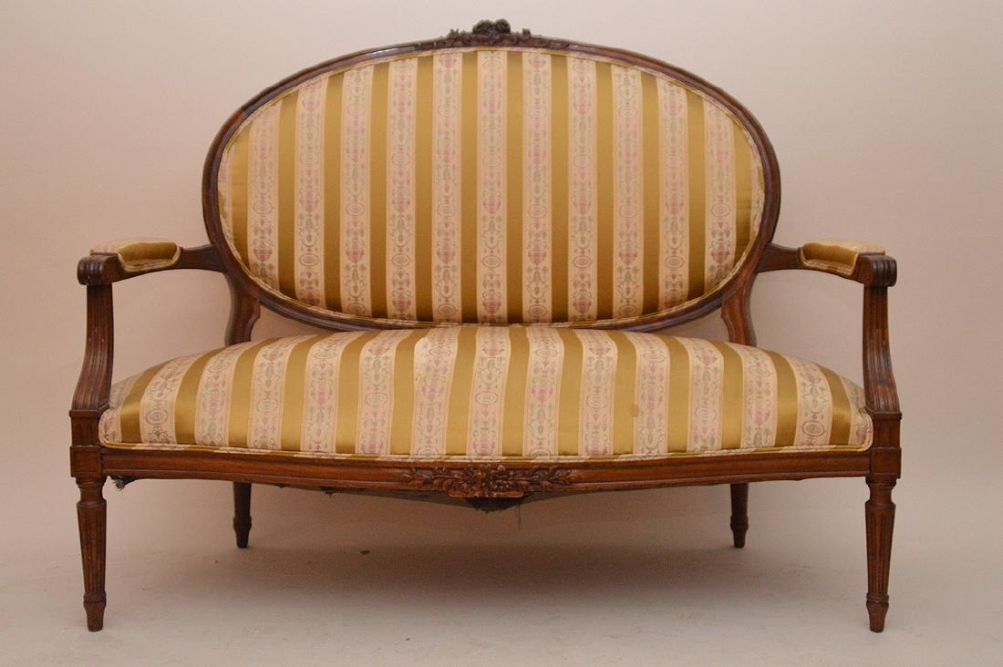 Mahogany carved crest settee with gold striped (1 of 5)