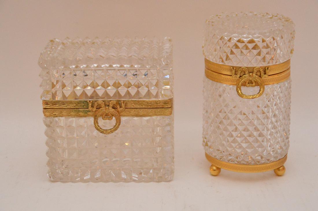 2 French crystal boxes, round (5"h x 3"w) and (1 of 3)