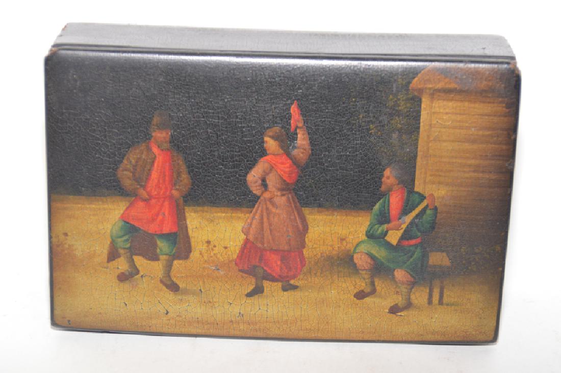 Antique Russian lacquer box with figures dancing, 7" x (1 of 5)