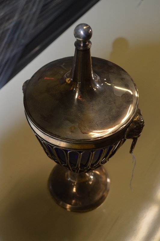 Meat Jar: Silver Plated Sweet Meat Jar w/ Cobalt Glass Liner - 8 x 8 x 14
