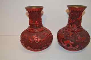 2 Vases: Pair of Red Carved Floral Vases - 8 x 5 each