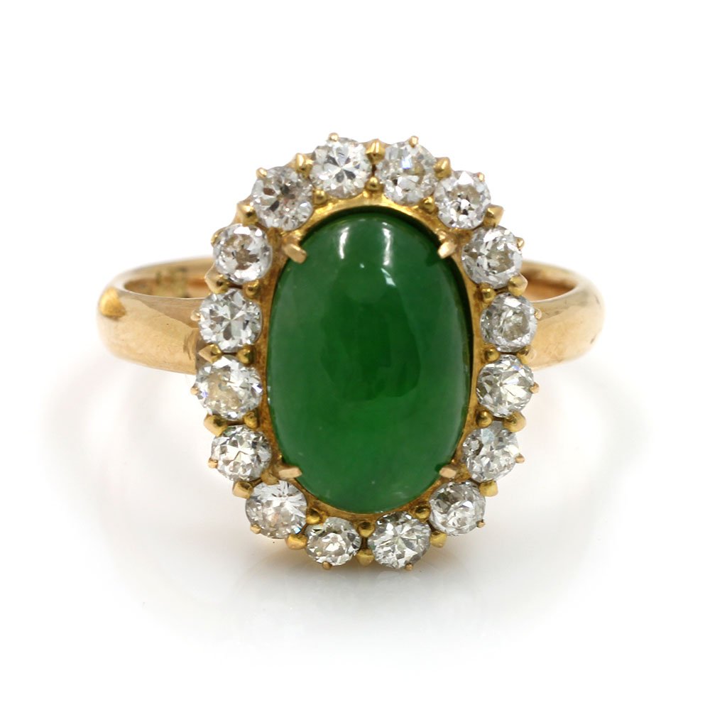Jade and Diamond Ring: Signed with a Chinese character Jade 16pcs Old Miner Diamond approx. .90 ct total Mounting 14k Gold Ring Size 6.5 Total Weight 5.5o g.