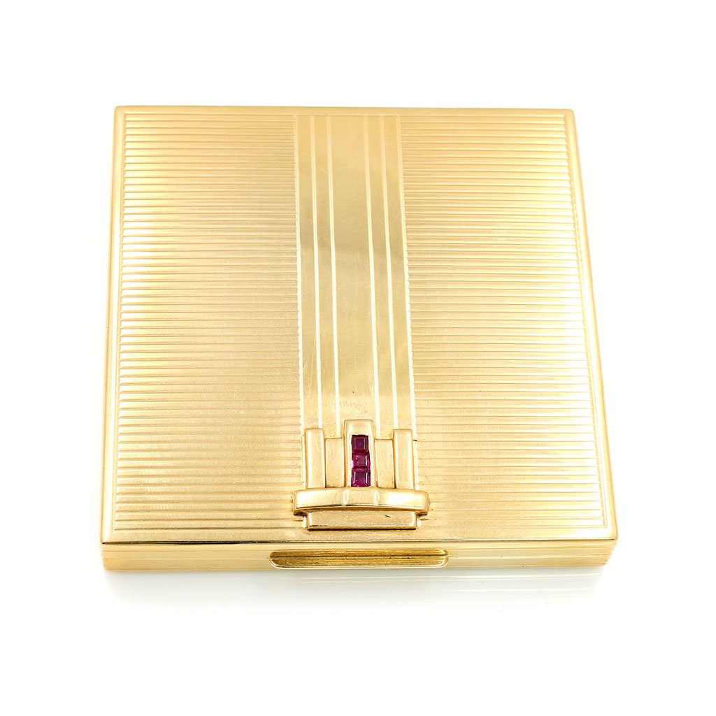 Tiffany & Co., 14k Gold and Rubies Box: 14k Gold Box, Art Deco Ruby 3 pcs Box Signed Tiffany & Co 14kt Gold Original Leather Case Stamped Tiffany & Co Box Measurements: 2.75"(L) x 2.72"(W) x 0.46"(H) Total Weight 109.04 g