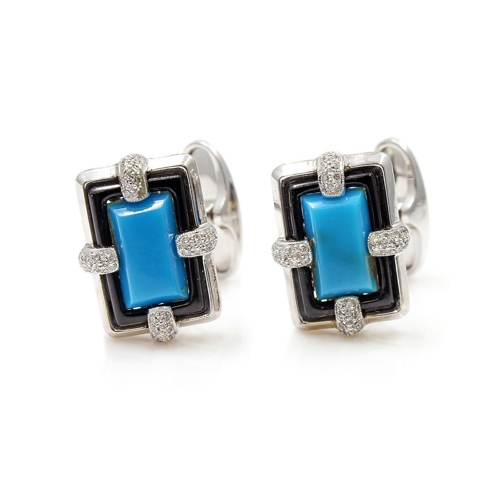 18k Gold Torquoise Diamond Onyx Cufflinks (1 of 2)