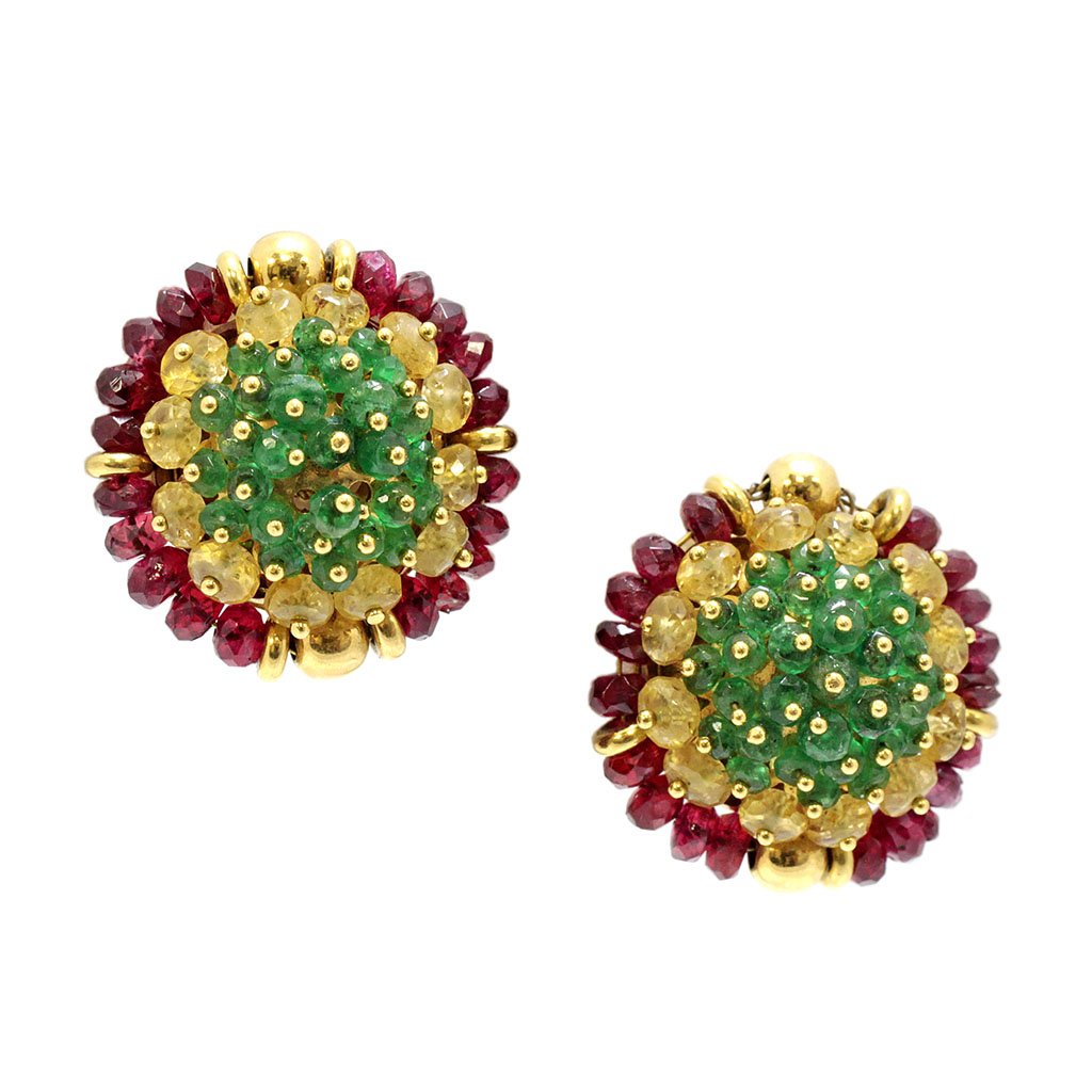 Multi-Gemstone 18k Gold Clip Earrings, Italy (1 of 2)