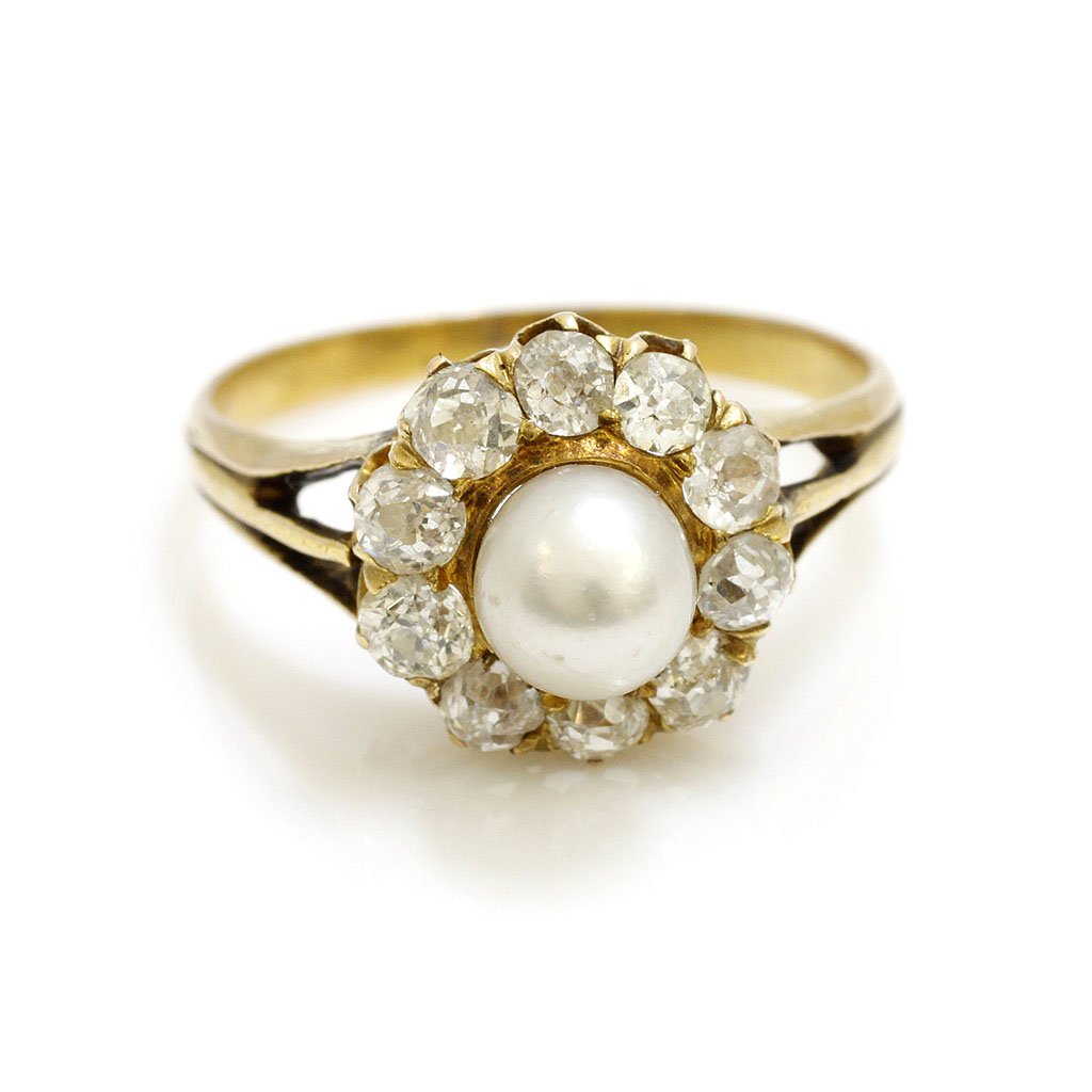 Old Mine Cut Diamond Pearl 18k Gold Ring (1 of 2)