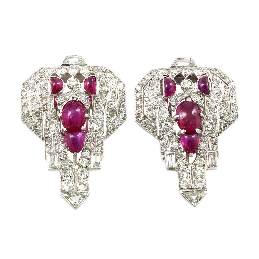 Art Deco Diamond Cabochon Ruby Double Clip Brooch (1 of 4)