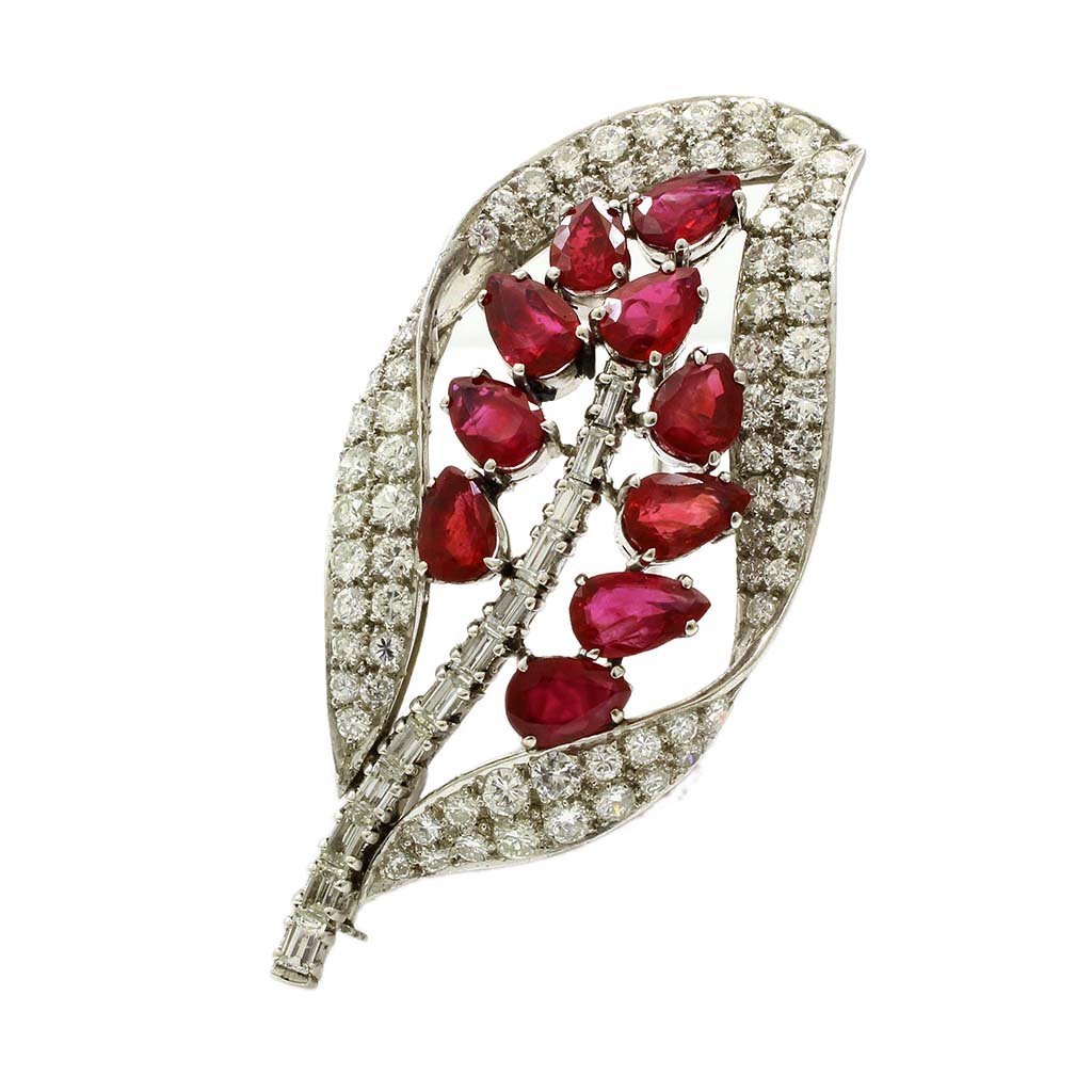 Burma Ruby Diamond Platinum Leaf Brooch (1 of 4)