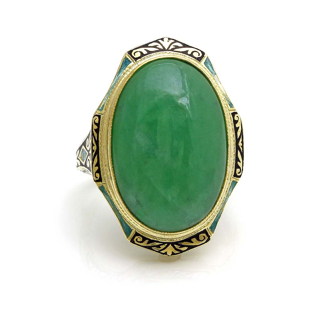 Cabochon Jadeite and Enamel in 14k Gold Ring (1 of 4)