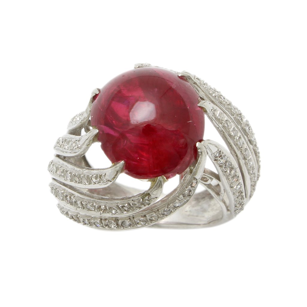 Cabochon Red Spinel Diamond Platinum Ring (1 of 4)