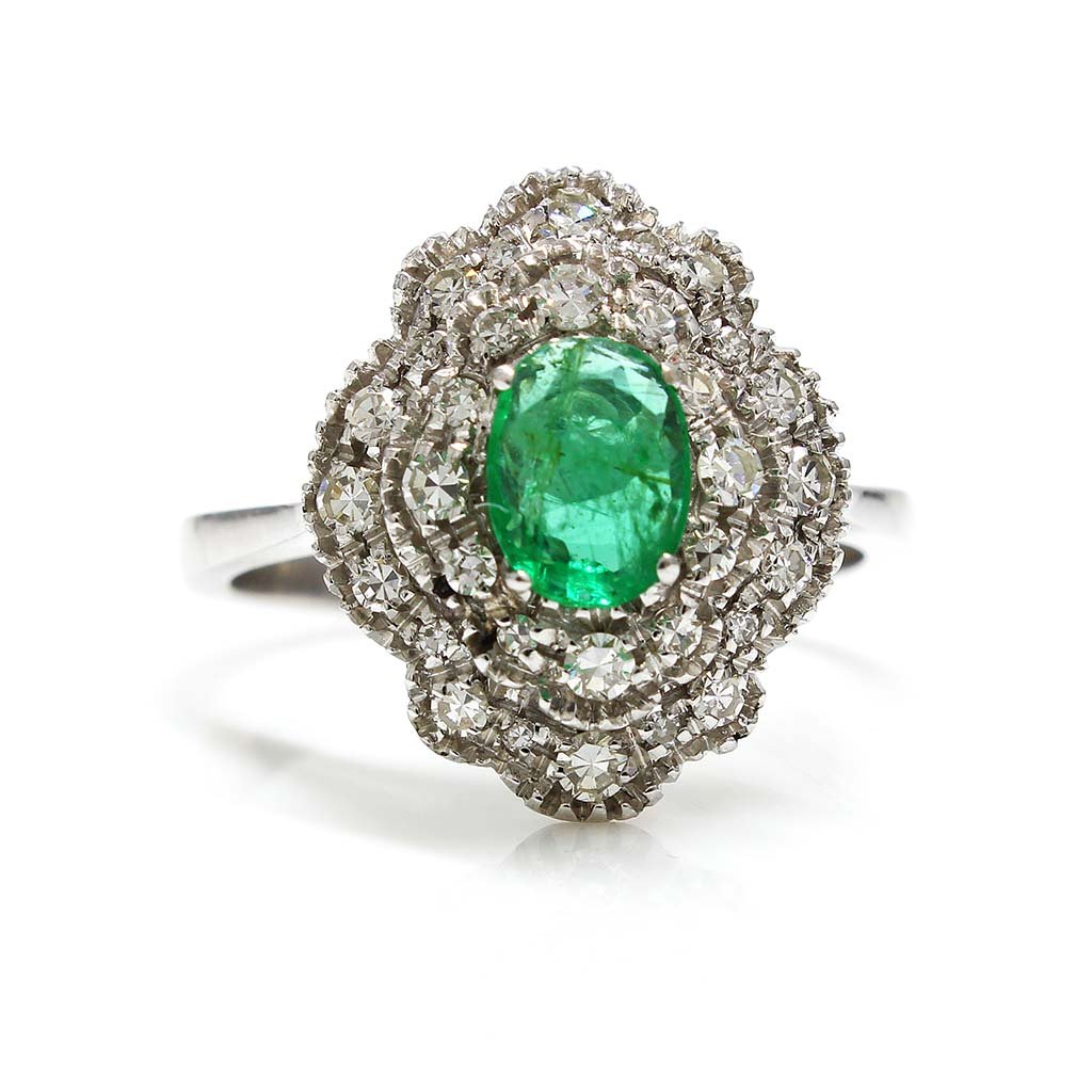 Emerald Diamond 18K White Gold Cluster Ring (1 of 4)