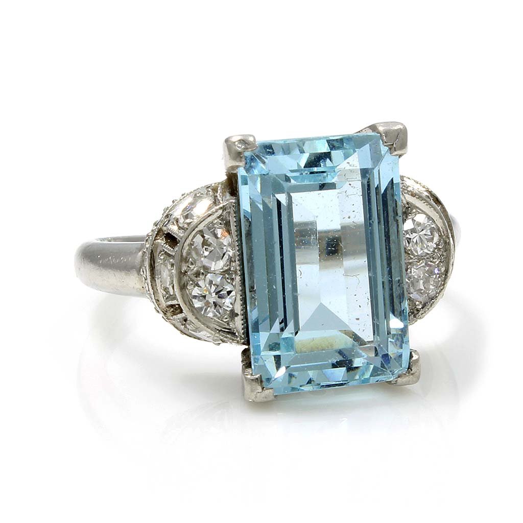 Art Deco Aquamarine Diamond 14K White Gold Ring (1 of 5)