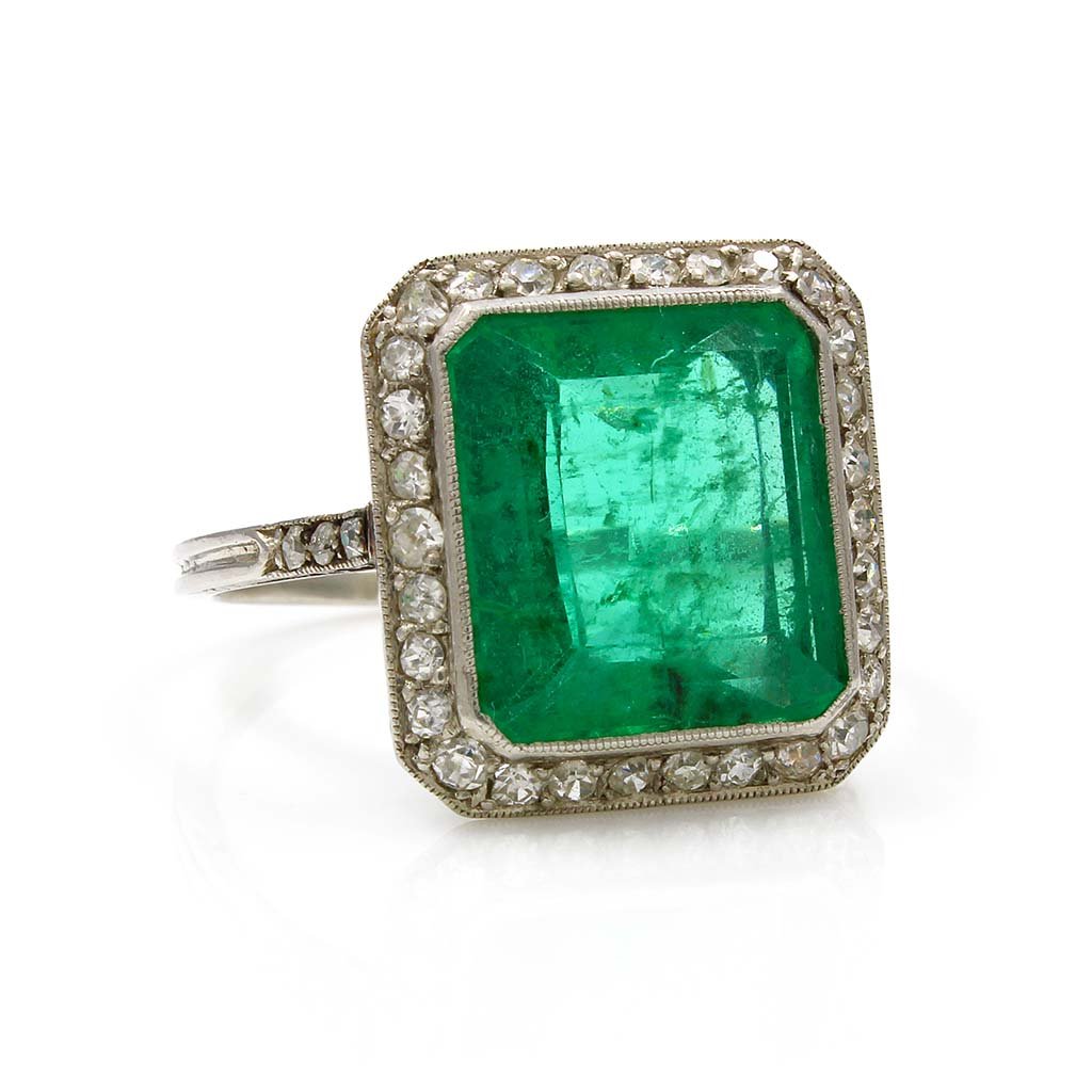 Art Deco Emerald Diamond 18K White Gold Ring (1 of 4)