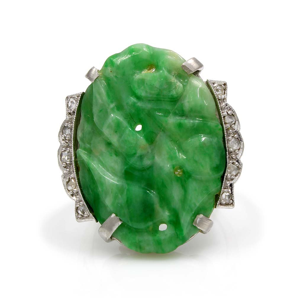 Art Deco Carved Jade Diamond Platinum Ring (1 of 4)
