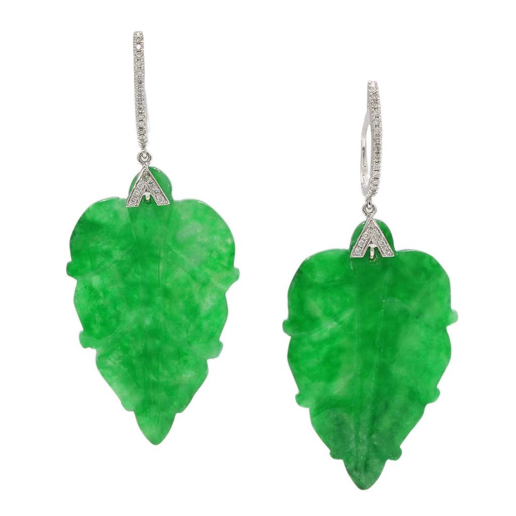 Carved Jade Diamond 18K Gold Leaf  Earrings (1 of 4)