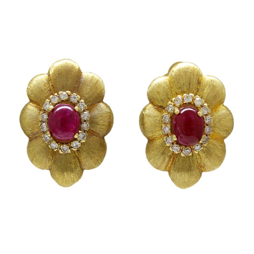 Ruby Diamond 14K Gold Textured Flower Earrings (1 of 2)