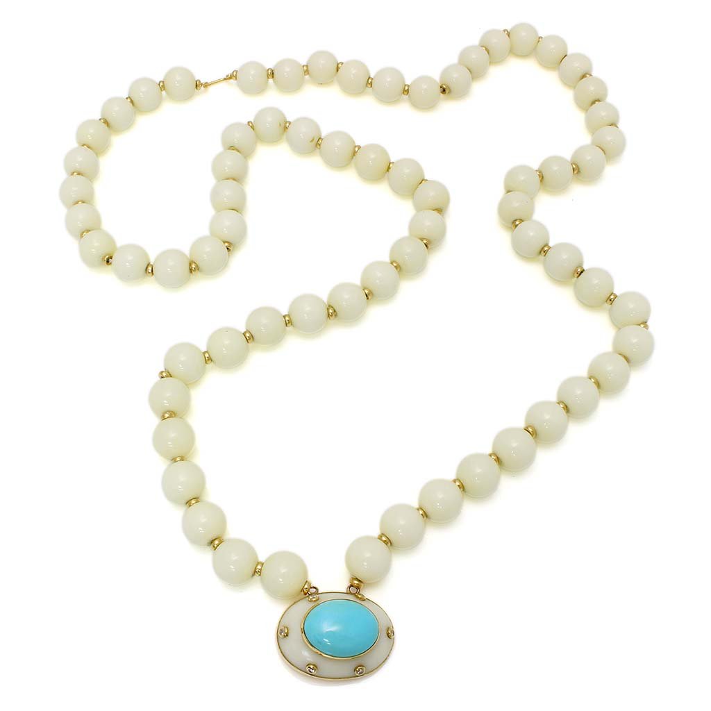 White Coral Turquoise Diamond 14K Gold Necklace (1 of 3)