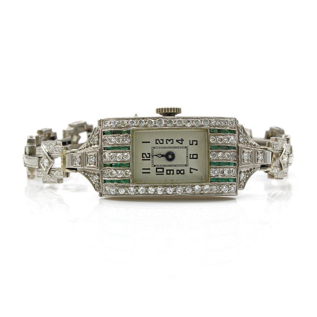 Art Deco Diamond Emerald Platinum Watch, Swiss (1 of 2)