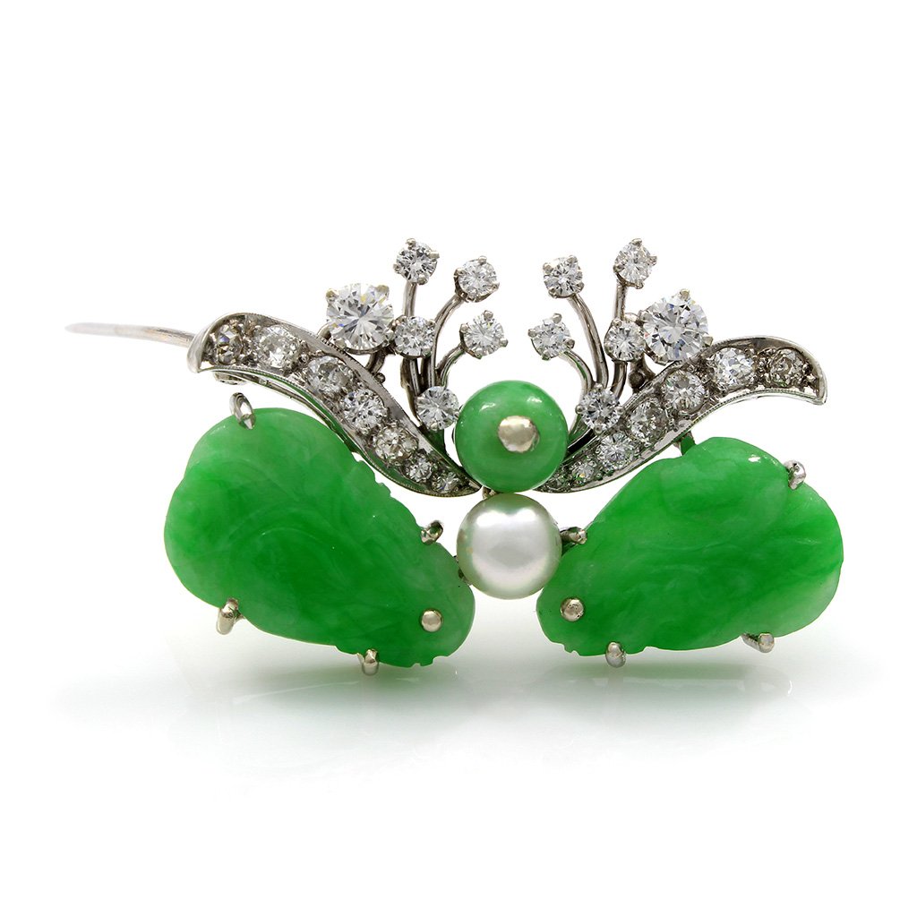 Carved Jade Diamond Pearl Brooch (1 of 2)