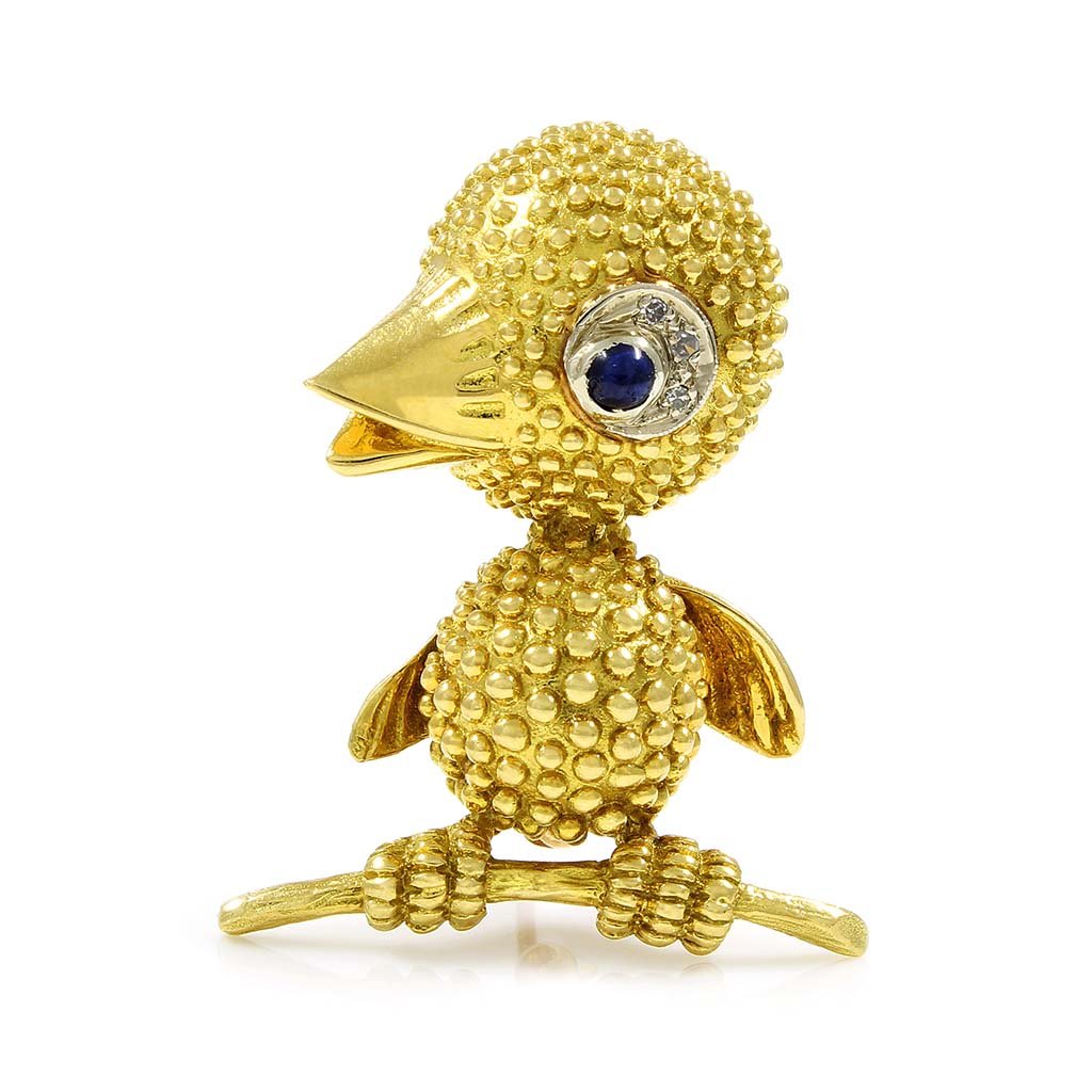 Diamond & Sapphire 18K Gold Bird on Branch Brooch (1 of 3)