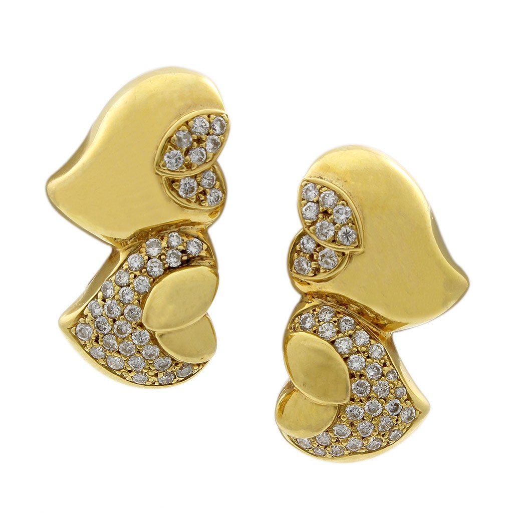 French Diamond 18K Yellow Gold Heart Earrings (1 of 2)