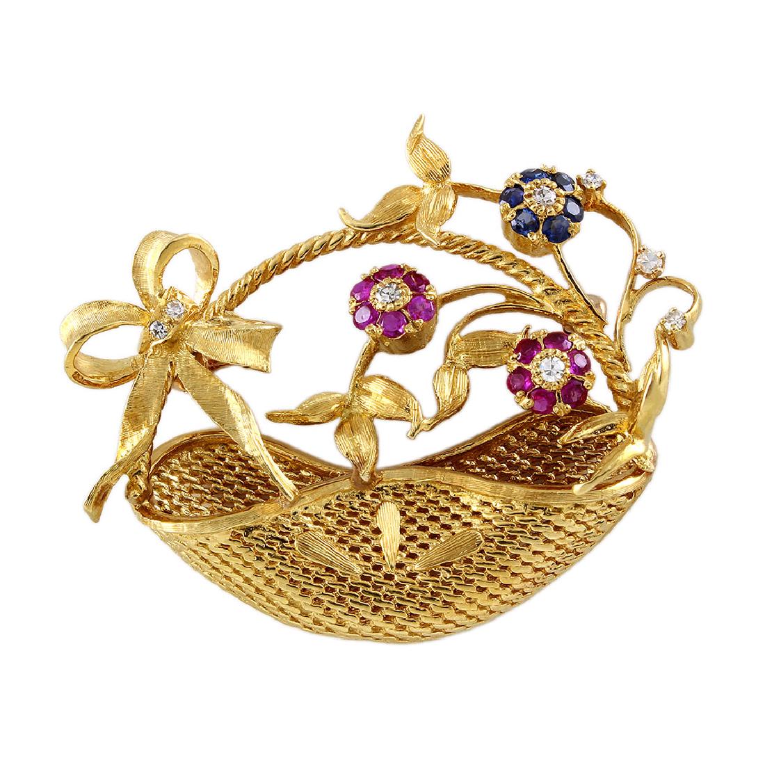 Ruby, Sapphire & Diamond 18K Gold Flower Basket Brooch (1 of 2)