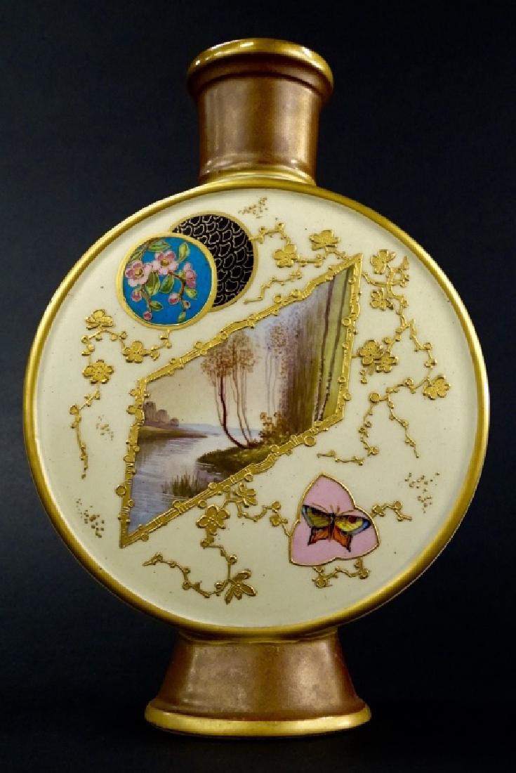 FABULOUS 19TH CENTURY ENGLISH ORIENTALIST VASE: Pillow vase, possibly Minton, decorated with floral gold scroll, and birds, maybe painted by the Smith Bros. unsigned, measures 8 1/2" tall, tiny sliver to base otherwise excellent condition, dates to
